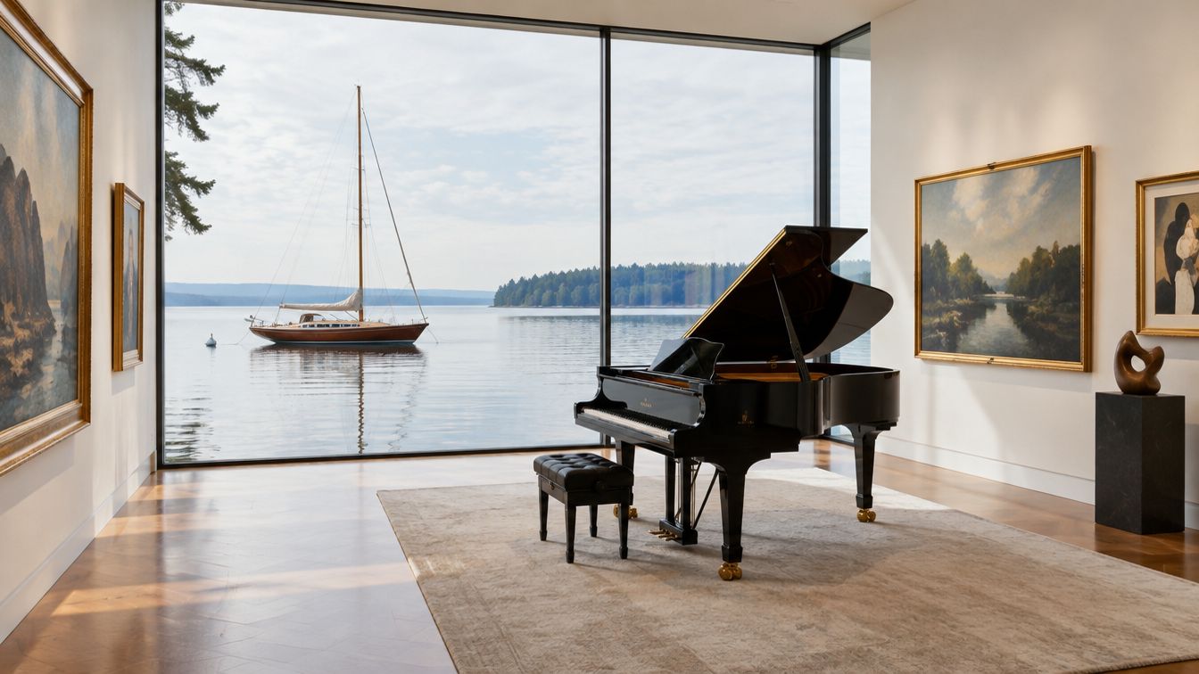 Concept art of a sailing yacht viewed from a waterfront home